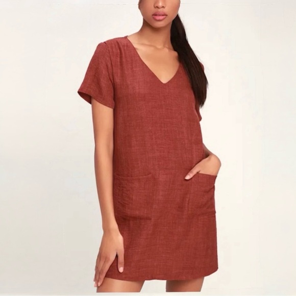 Lulus Dresses & Skirts - Lulus Women’s Poppy Rust V-Neck Shift Dress Pockets Chic Business Preppy Small